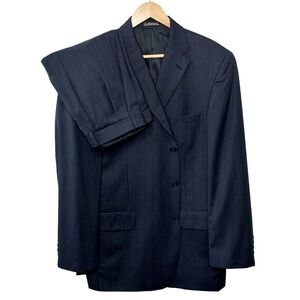 Tom James Wool 2PC Suit Mens 44L Pleated Cuff Pants 38x33 Gray Purple Stripe